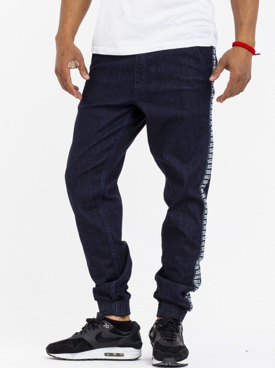 Spodnie Smoke Story Group | Spodnie Jeansowe Jogger Ze Sciagaczem Niebieskie Premium White Lampas